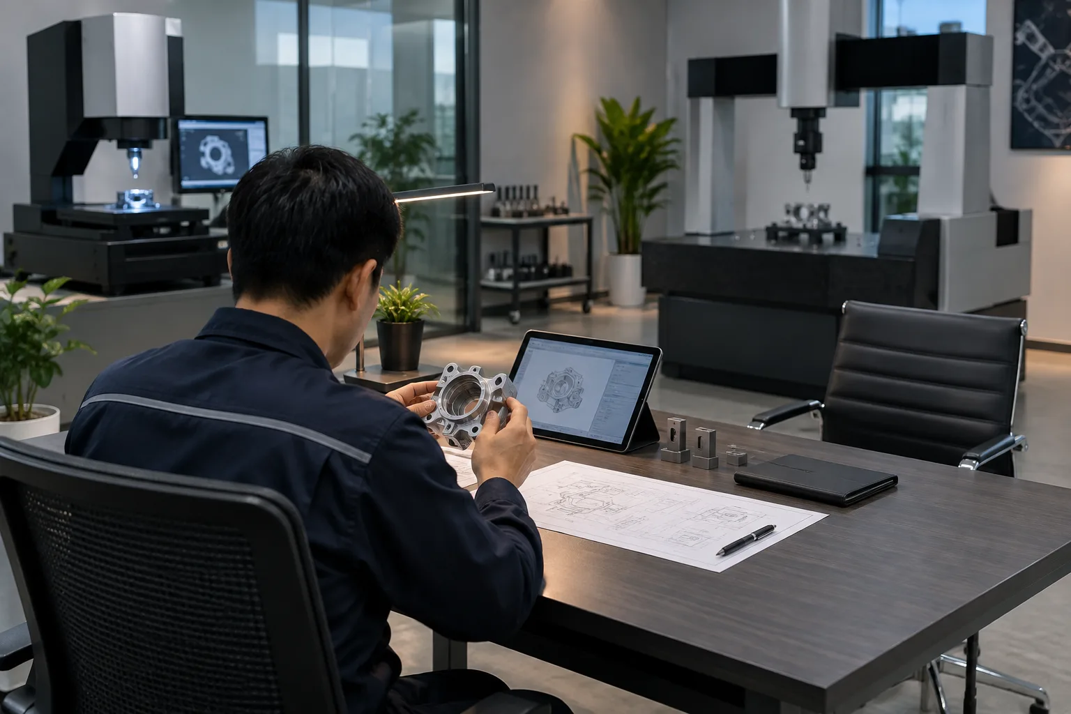 Conceptual PKL engineering consultation in a modern metrology workspace